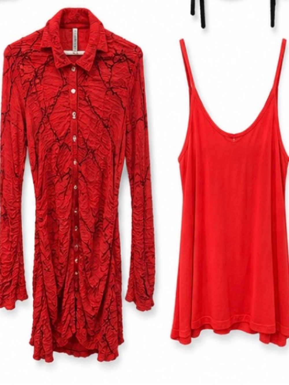Free People Red Crinkle Button-Front Tunic with Slip Tank